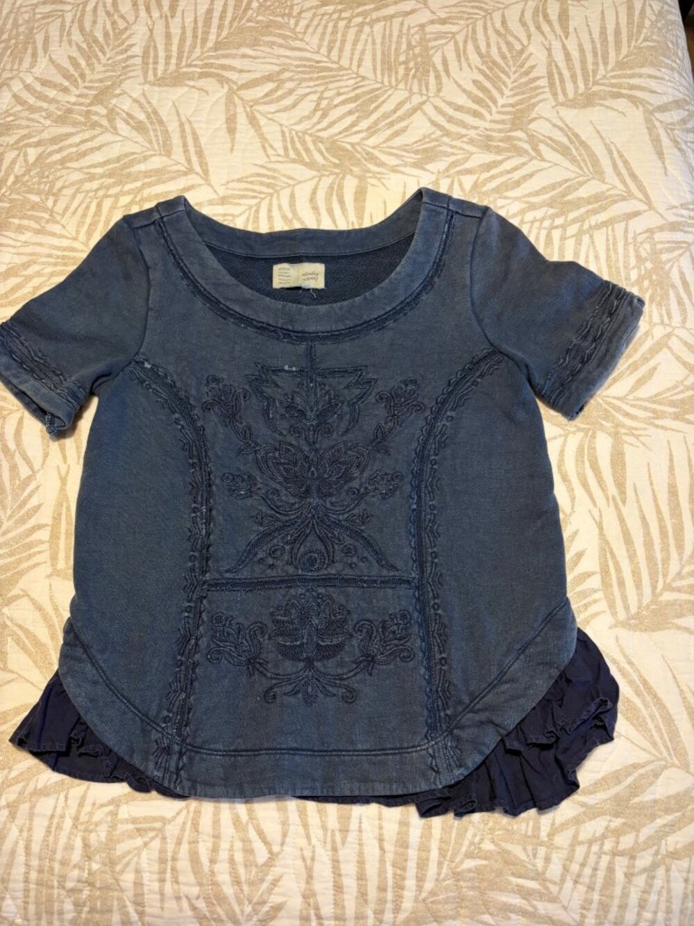 Saturday Sunday Blue Embroidered Short-Sleeve Top With Ruffle Hem Small w/defect